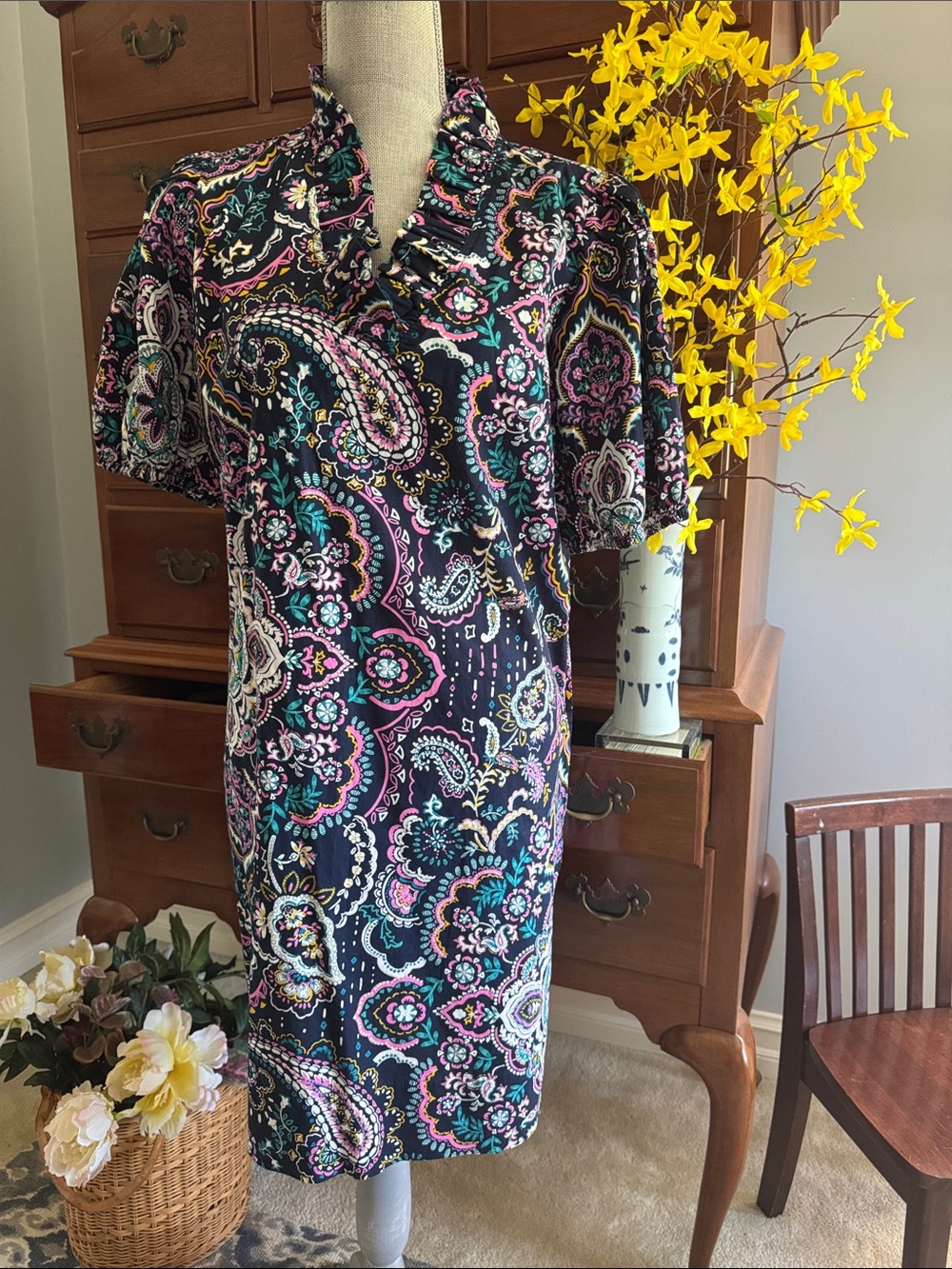 Crown & Ivy Puff Sleeve Ruffle Neck Paisley Printed Dress Size Large - Picture 2 of 11